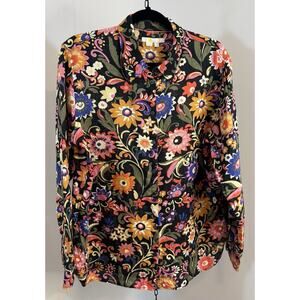 Boden Linen Shirt Size US 8P Black Floral Blouse Top Button Up Gardenia Pop